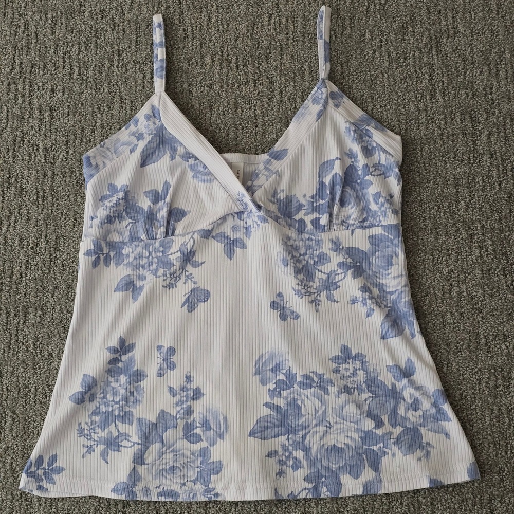 Laura Ashley‎ Floral Ribbed Babydoll Cami Tank Cottagecore Romantic Size M